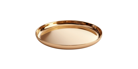 A polished golden tray with a sleek, smooth surface reflective finish and a gentle curved edge.