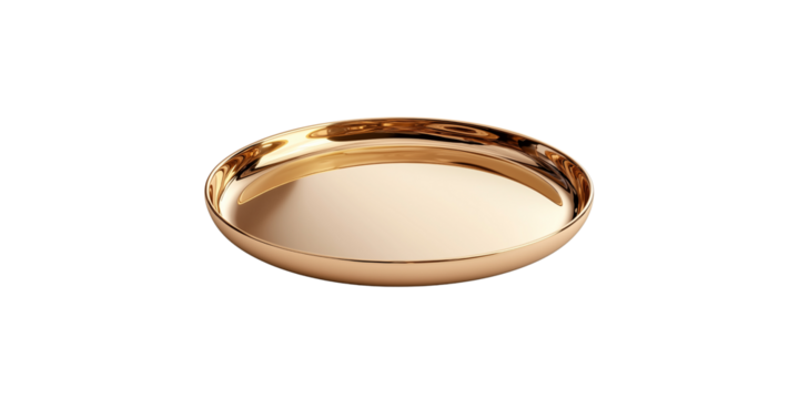 A polished golden tray with a sleek, smooth surface reflective finish and a gentle curved edge.