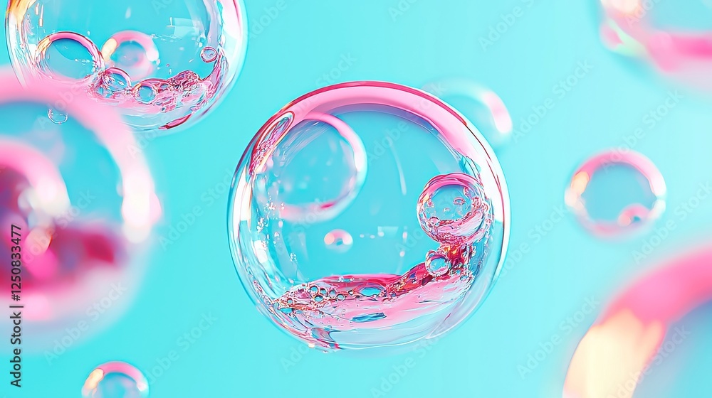 Poster miniature worlds in bubbles, whimsical doodle art featuring intricate scenes within transparent orbs