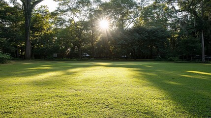 Sunlit grassy parkland at dawn