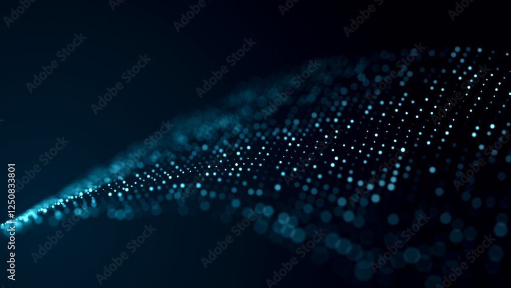 Poster abstract bright wave of glowing particles. the flow of musical sounds. big data visualization. 3d re
