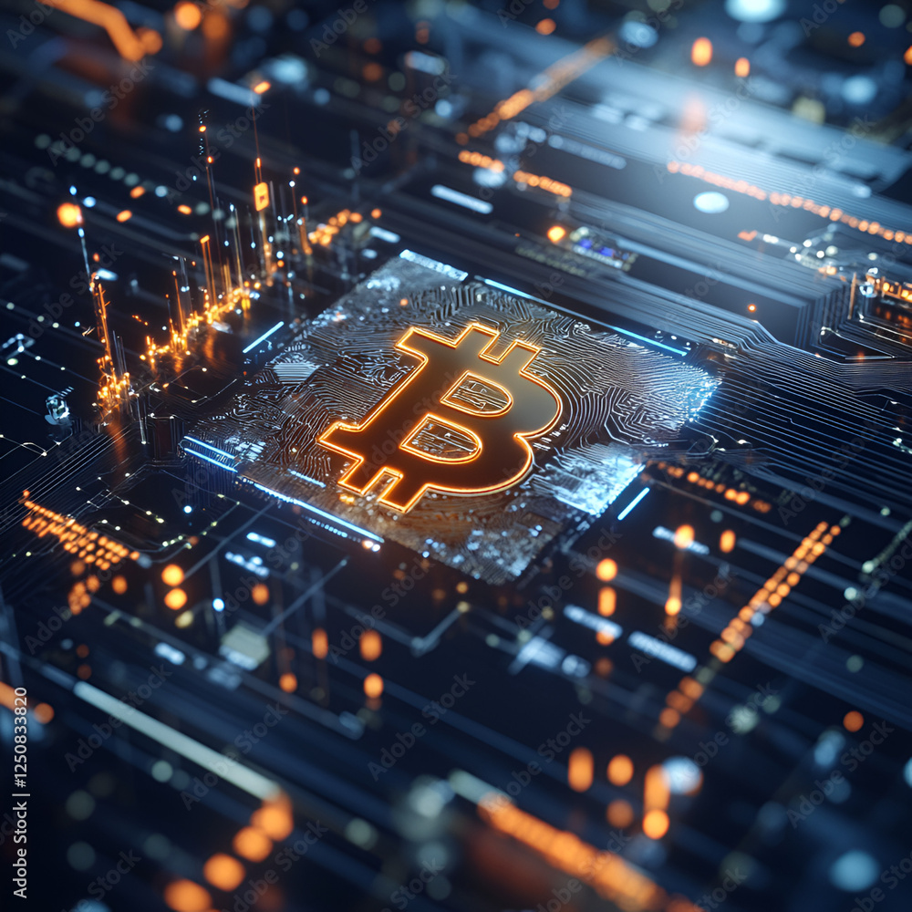 Aufkleber bitcoin circuitry: a close-up of a bitcoin symbol glowing brightly within intricate circuit board ci