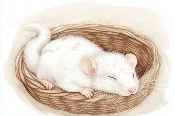 A cute white mouse sleeping on a cozy wooden bed.