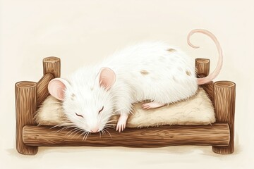 A cute white mouse sleeping on a cozy wooden bed.