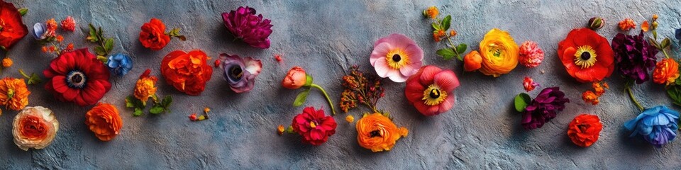 A colorful display of flowers on a stone or concrete wall, great for decorative purposes