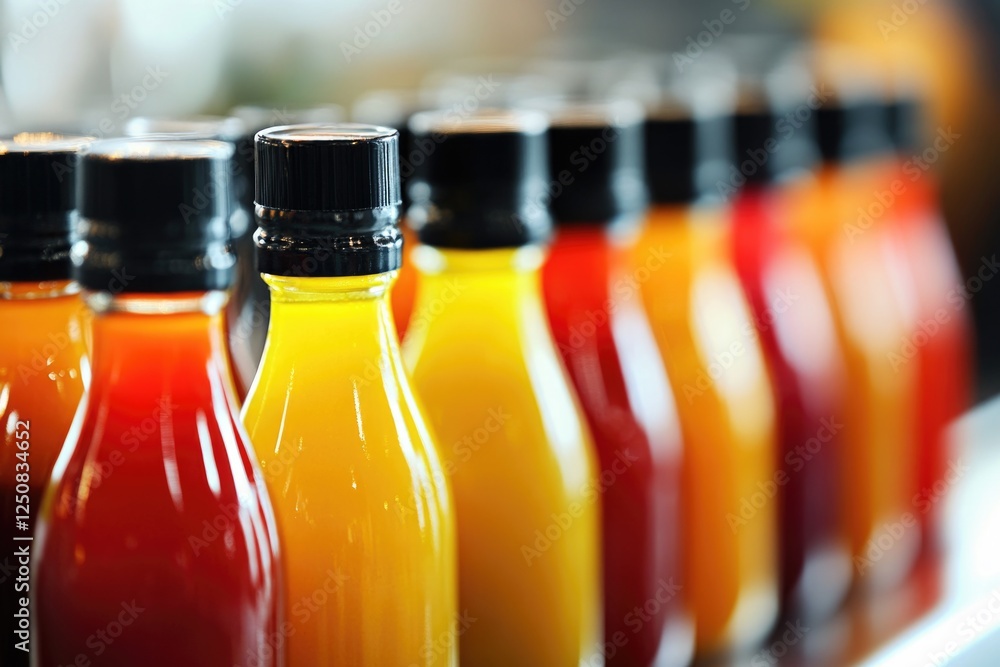 Poster a row of colorful bottles filled with orange, yellow, and red liquids