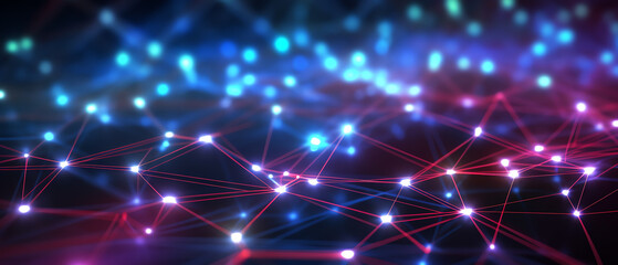 Fototapeta premium Abstract digital network with vibrant colors and glowing connections. Visualization of data flow in technology. Ideal for illustrating concepts in innovation and connectivity.