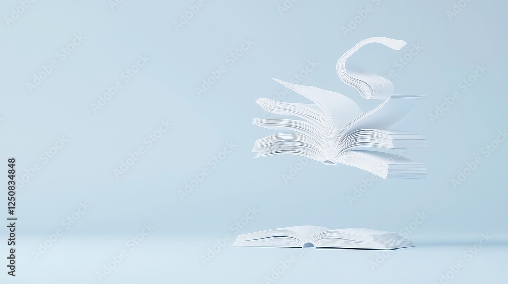 Poster glowing page doodles, a whimsical arrangement of floating books with illuminated pages against a min