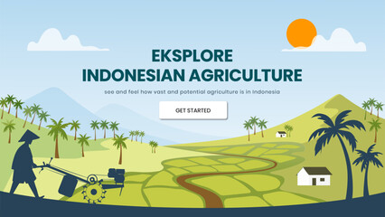 Palm oil plantation flat vector illustration. Indonesian traditional agricultutre. Palm oil plantation landing page. websites