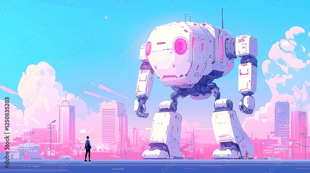 Poster Giant Friendly Robot in Tiny Town, a whimsical doodle depicting a large robot interacting joyfully with small buildings, set against a minimalist background with ample open space