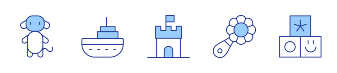 photo camera, rattle, teddy bear, toys, boat. Toys Icon vector illustration. Line Duotone style. Editable stroke