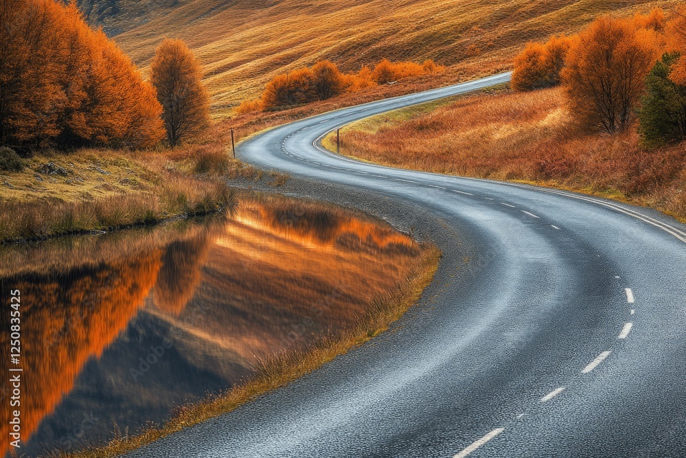 Poster a scenic view of a curved road reflected in calm water, suitable for use in travel or nature-related