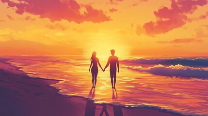 Sunset Beach Lovers Illustration