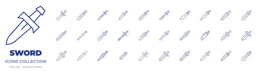 Sword icons collection. Thin Line icons, editable stroke. dagger, knife, sword, swords, katana