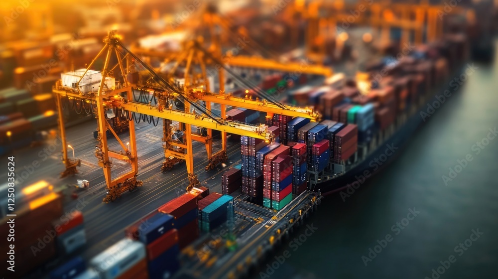 Poster A large container ship is docked at a port, ready for unloading and loading