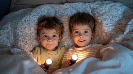 Two smiling children hold flashlights while snuggled under a cozy blanket, creating a warm and playful atmosphere.
