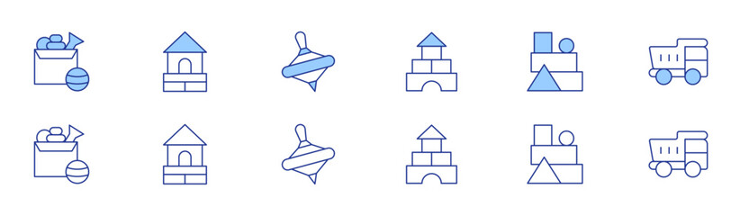 Toys icon set in two styles, Duotone and Thin Line style. Editable stroke. brick, blocks, truck, toys, wood house, yule