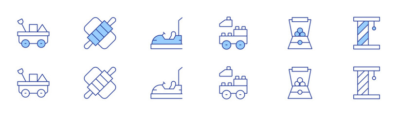 Toys icon set in two styles, Duotone and Thin Line style. Editable stroke. cart, blocks, toy machine, dough, cat toy, car