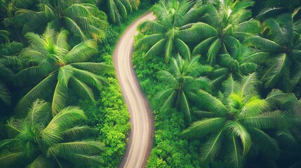 Aerial view winding road tropical palm forest
