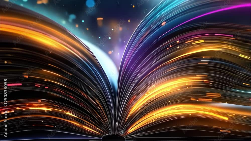 Poster an open book with vibrant, glowing pages and colorful light streaks emanating from it, creating a ma