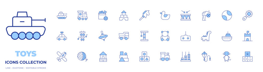 Toys icons collection. Line Duotone style, editable stroke. car, blocks, truck, toy train, plane, bear, yarn ball, xylophone, wood house, yule, scratching post