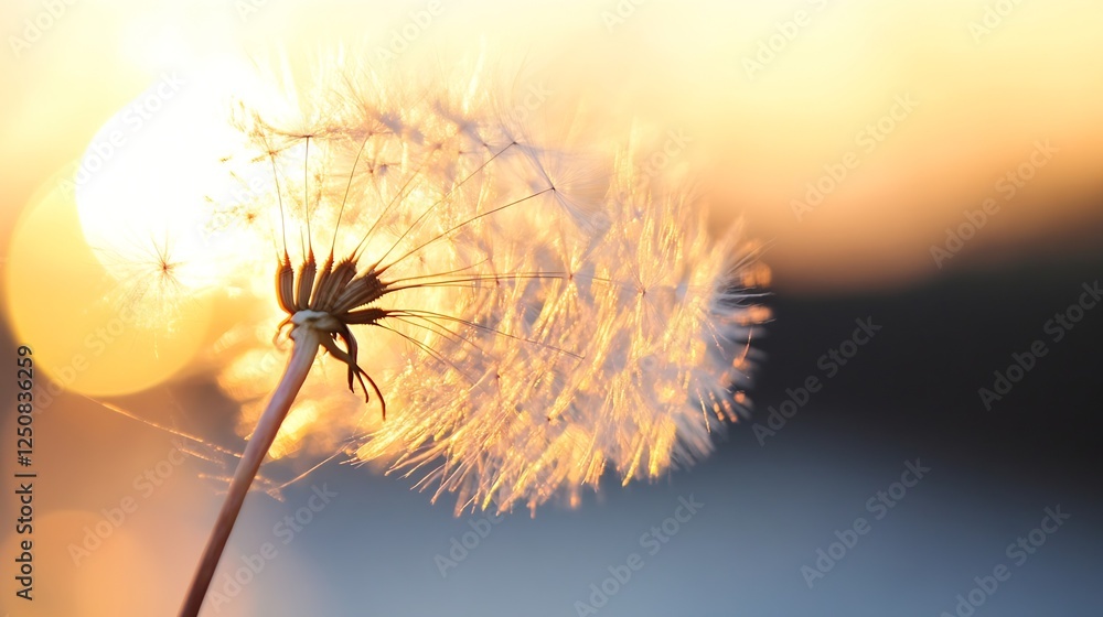 Aufkleber closeup of a delicate dandelion fluff illuminated by warm sunlight at dusk : generative ai