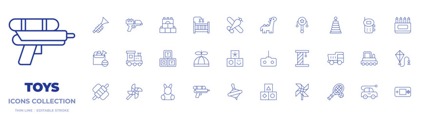 Toys icons collection. Thin Line icons, editable stroke. cubes, propeller, toys, crib, water gun, construction, plane, rattle drum, trumpet, cat toy, transmitter, dinosaur, train