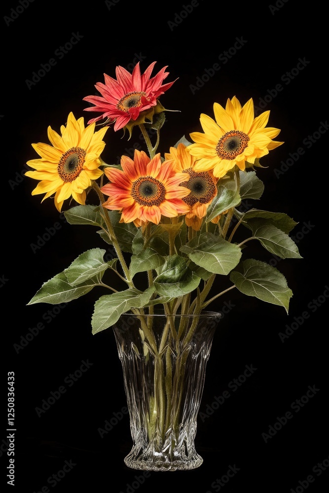 Poster A vase filled with vibrant flowers against a dark backdrop, perfect for use in design or editorial contexts