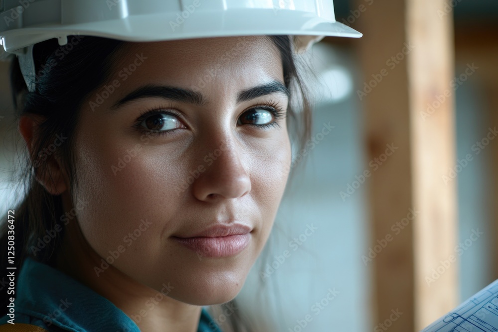 Poster a construction worker wearing a hard hat looks directly at the camera, taken in a building setting
