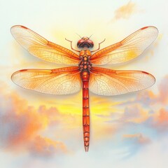 Vibrant Dragonfly with Translucent Wings Against Soft Sunset Background