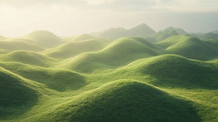 Serene Rolling Hills Landscape: A Breathtaking View of Lush Green Meadows Under Soft Sunlight
