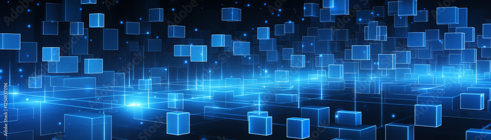 Poster an abstract digital landscape featuring glowing blue cubes and light beams, representing data flow a