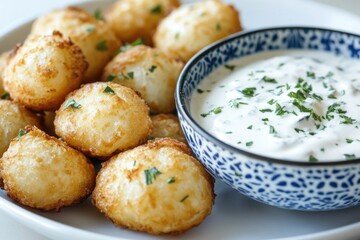 Fototapeta premium A plate of crispy tater tots served with a side of creamy dip for snacking