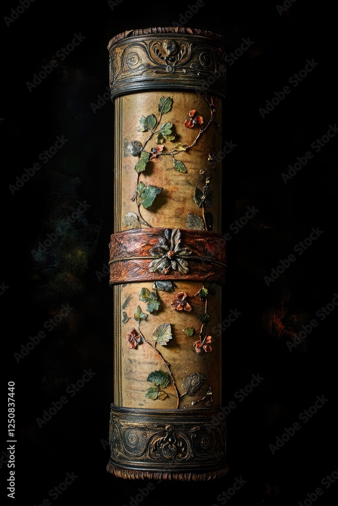 Poster close-up view of a vase sitting on a table with decorative details
