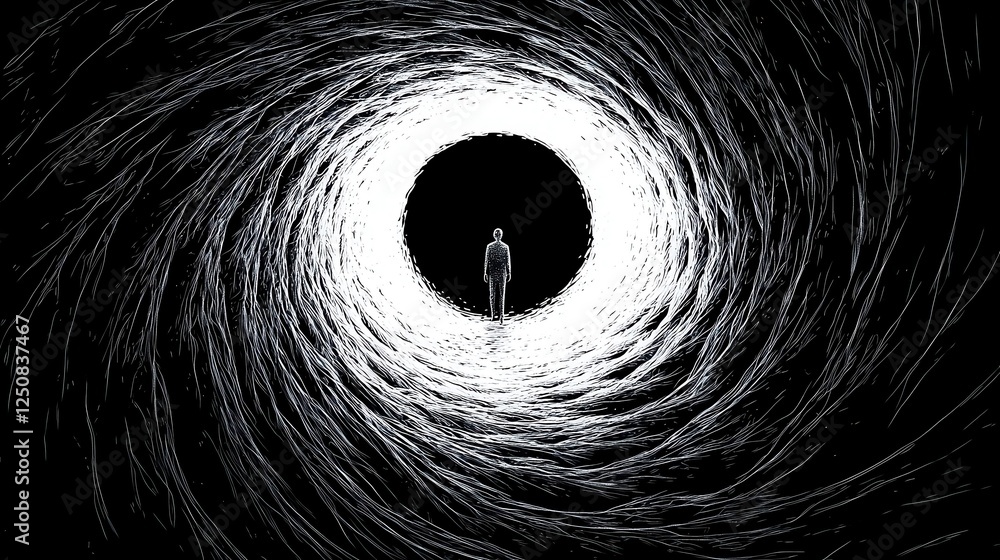 Poster vortex of portals, an intricate doodle art design featuring swirling portals against a minimalist ba