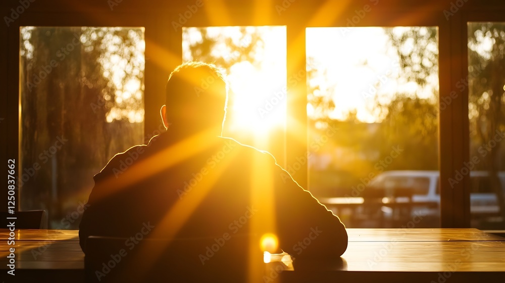 Poster silhouette of a man sitting at table with sunset rays illuminating the room for a reflective moment 