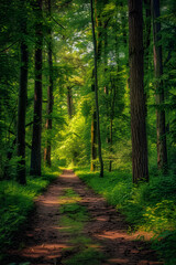Fototapeta premium Tranquil Pathways: A Peaceful Walk Through Serene Forest Trails Touched by Gentle Sunlight