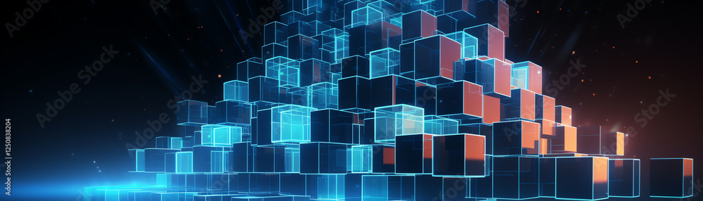 Poster an abstract representation of digital blocks forming a pyramid-like structure, emitting blue and ora