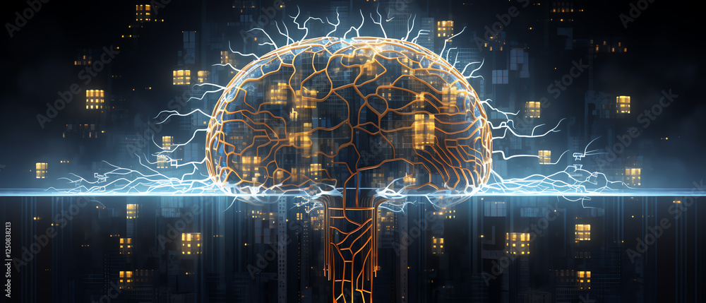 Poster an abstract representation of a brain intertwined with electrical circuits, symbolizing the connecti
