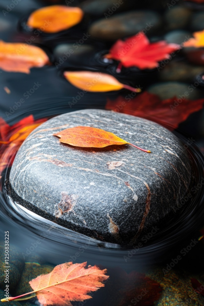 Poster A simple natural scene with a rock featuring a single leaf on its surface floating in calm water