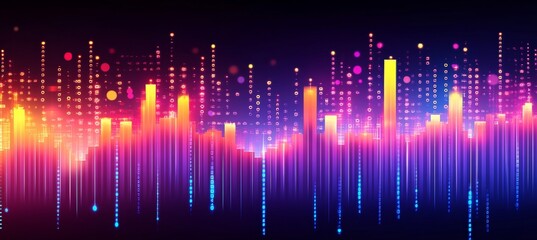 Glowing Financial Chart. Abstract City Skyline With Colorful Equalizer. Data Analysis Background.