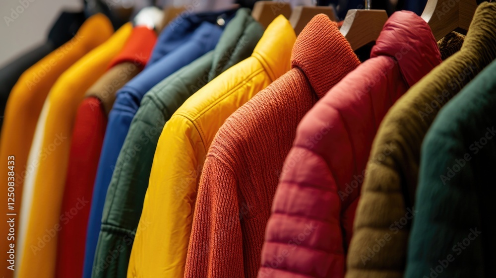 Poster a rack filled with vibrant and colorful jackets hanging neatly in a row