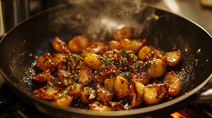 Golden savory roasted potatoes in a skillet crispy herbs garlic