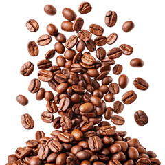 Obraz premium Falling Coffee Beans Isolated on White Background, Close-Up Shot
