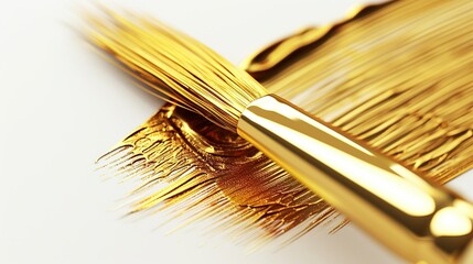 Single golden brush stroke of paint on a white background with ample empty space, showcasing minimalistic and elegant style. High-resolution, hyper-realistic texture with soft lighting and sharp focus