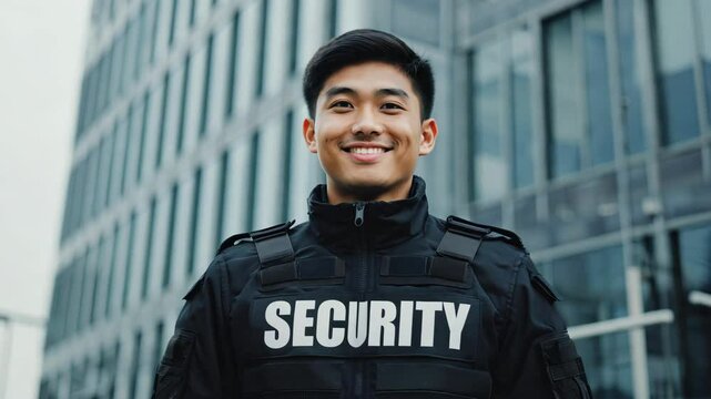 Young man security guard at night by modern office building in the city. Male security guard using portable radio transmitter near building outdoors. Wearing black security jacket.
