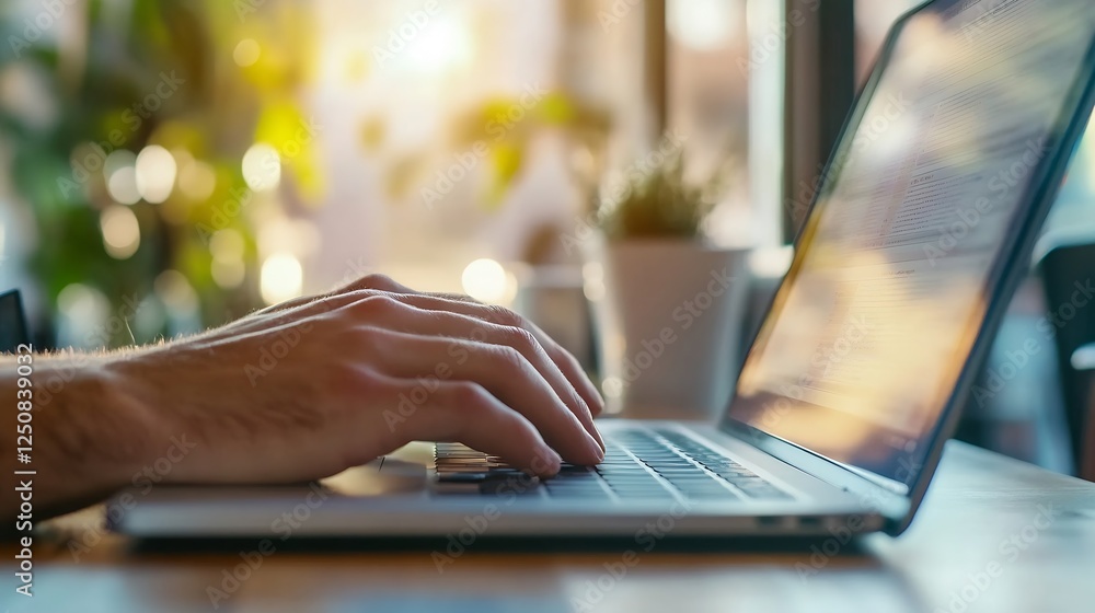 Poster person typing on a sleek laptop with warm sunlight highlighting a cozy workspace atmosphere : genera