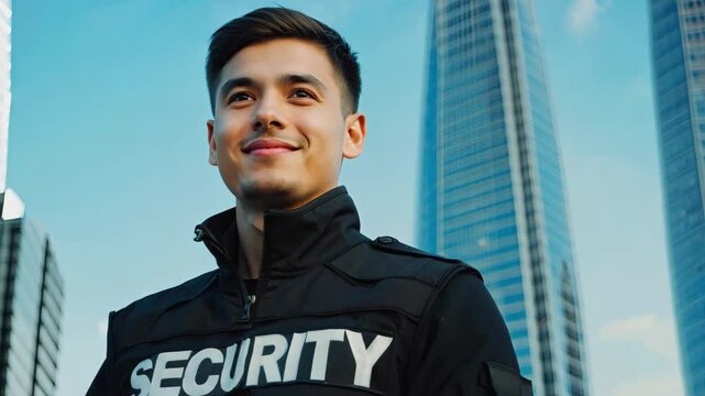 Young man security guard at night by modern office building in the city. Male security guard using portable radio transmitter near building outdoors. Wearing black security jacket.