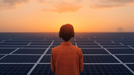A young individual stands before a vast solar panel field, captivated by the breathtaking sunset. The scene highlights the harmony between nature and renewable energy.