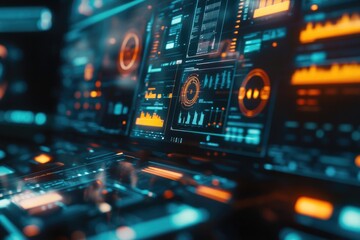 Fototapeta premium Close-up view of a computer screen with many lights, great for tech-related concepts and presentations